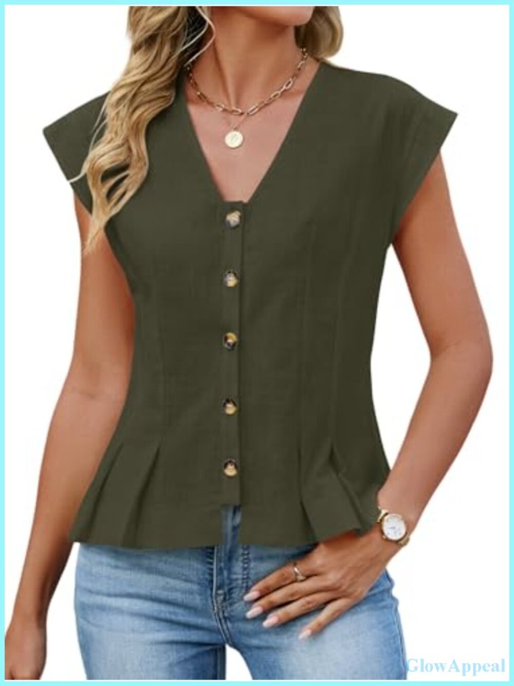Womens 100% Cotton V Neck Crop Tank Top Button Front Cap Sleeve Summer Blouse